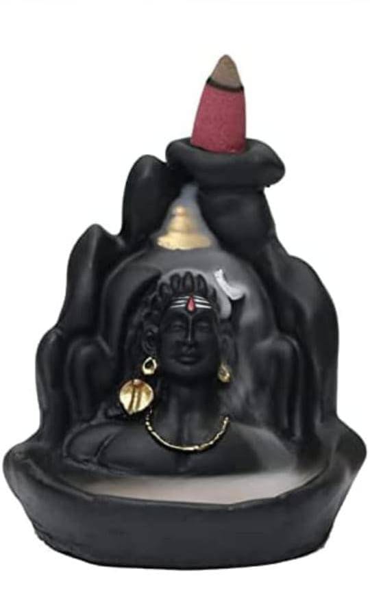 Polyresin Lord Shiva Adiyogi Shankra Backflow Smoke Fountain Incense Holder/Incense Burner with 10 Units of Backflow Incense Cones (10 Cm, Black)