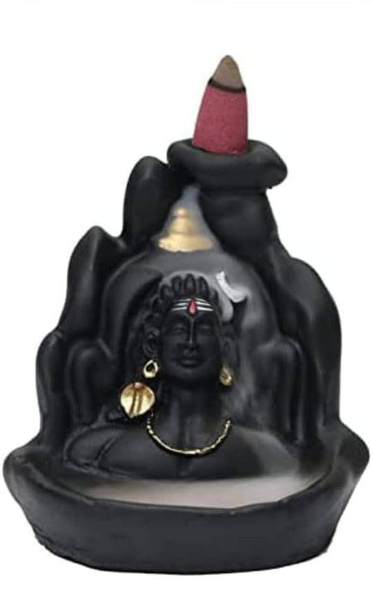 Polyresin Lord Shiva Adiyogi Shankra Backflow Smoke Fountain Incense Holder/Incense Burner with 10 Units of Backflow Incense Cones (10 Cm, Black)